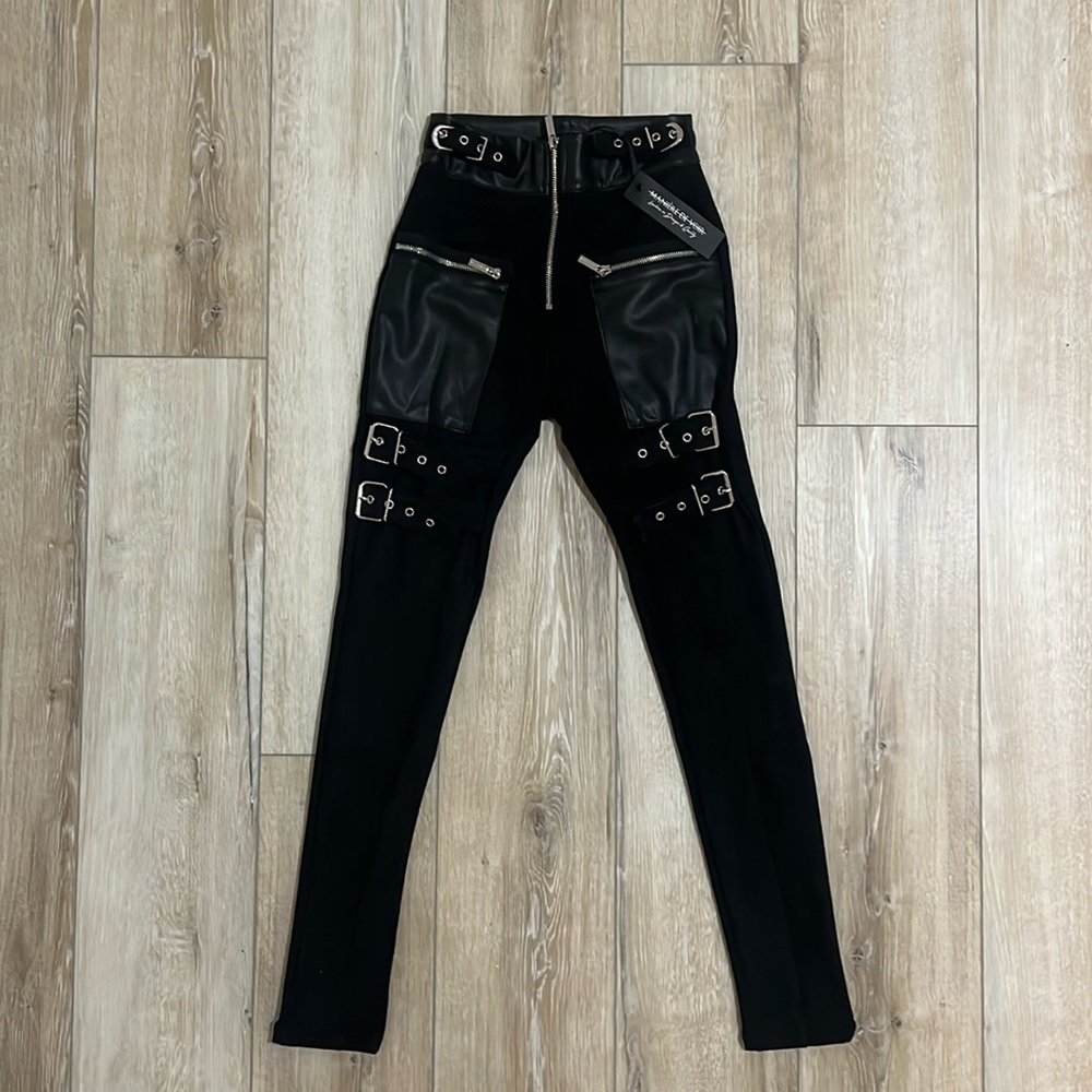 Maniere De Voir Pants Vegan Leather Buckle Strap Pants  Black